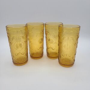 Vintage BROCKWAY GLASS 8 Ounce Flat Tumblers AMERICAN CONCORD Amber - Set Of 4